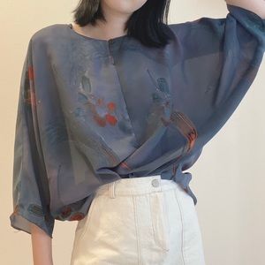 Elada dark grey floral satin blouse